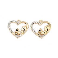 UV Plating Alloy Rhinestone Pendants, Cat, Heart Charms, Light Gold, 17.5x18.5x3.5mm, Hole: 1.8mm(ALRI-N058-11KCG)