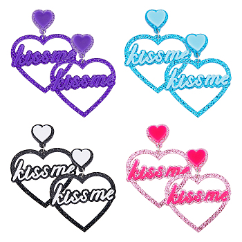 4 Pairs 4 Colors Heart with Word Kiss Me Acrylic Dangle Stud Earrings, Mixed Color, 55mm, 1 pair/color