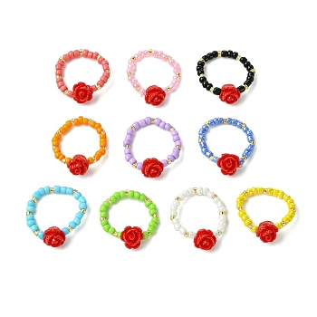 Glass Seed Beads Stretch Rings, Resin Rose Rings for Women, Mixed Color, 3mm, Inner Diameter: 20mm