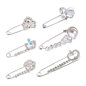 Alloy Brooches, with Rhinestone, Platinum, 17~23x65~67x5mm, 6pcs/set