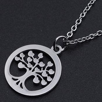 201 Stainless Steel Pendant Necklaces, with Cable Chains and Lobster Claw Clasps, Ring with Tree, Stainless Steel Color, 17.7 inch(45cm), 1.5mm