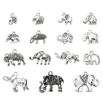 60Pcs 15 Styles Tibetan Style Alloy Elephant Pendants, Elephant, Antique Silver, 11~27x8.5~26x1.5~4mm, Hole: 1.6~2.5mm, 2pcs/style