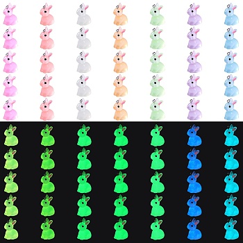 70Pcs 7 Colors Luminous Transparent Resin Pendants, Rabbit Charm, Glow in the Dark, with Platinum Tone 304 Stainless Steel Loops, Mixed Color, 24x22x14.5mm, Hole: 1.8mm, 10pcs/color
