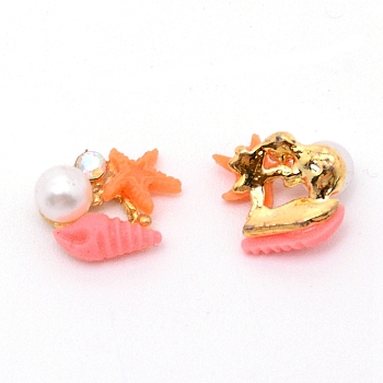 Resin Cabochons with Alloy Findings, Rhinestone and ABS Imitation Pearl, Nail Art Decoration Accessories, Conch Shape & Starfish, Golden, 9.5x12x5mm