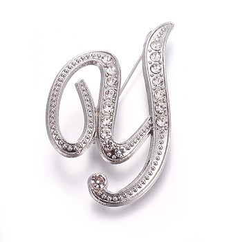 Alloy Brooches, with Rhinestone, Letter, Letter.Y, Platinum, 46x32x3mm, Pin: 1mm