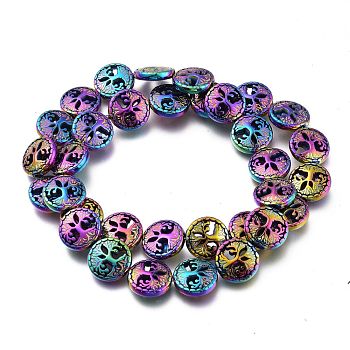Rainbow Non-magnetic Synthetic Hematite Beads Strands, Vacuum Plating(Color Retention for 3 Years), Flat Round with Tree of Life, Multi-color Plated, 12~12.5x4.5mm, Hole: 1mm, about 33pcs/strand, 16.14 inch(41cm)