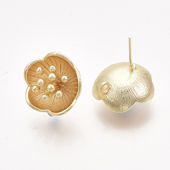 Brass Stud Earring Findings, with Loop, Real 18K Gold Plated, Nickel Free, Flower, 15.5x16mm, Hole: 1.2mm, Pin: 0.8mm