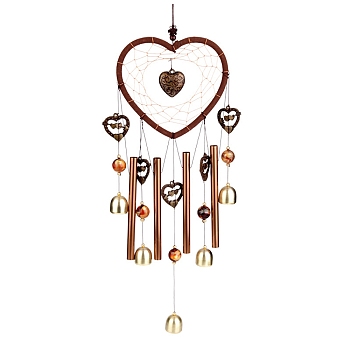 Heart Woven Net/Web Wind Chimes, with Glass Beads and Metal Bell, for Outdoor Garden Home Hanging Decoration, Heart, 550mm