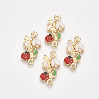 Alloy Connector Rhinestone Settings, with Enamel, Flower with Ladybird, Golden, Colorful, Fit for 1mm Rhinestone, 24x11x2mm, Hole: 1.6mm