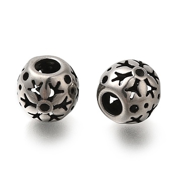 304 Stainless Steel European Beads, Large Hole Beads, Rondelle with Flower, Antique Silver, 10x8.5mm, Hole: 4mm