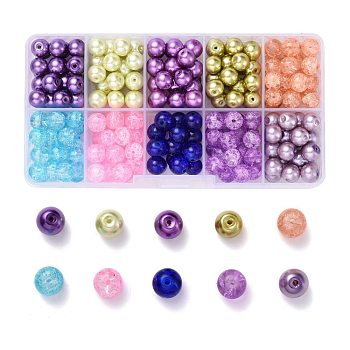Lavender Garden Mixed Crackle Glass & Glass Pearl Bead Sets, Round, Mixed Color, 8~8.5x7.5~8mm, Hole: 1mm, about 19~20pcs/compartment, 190~200pcs/box