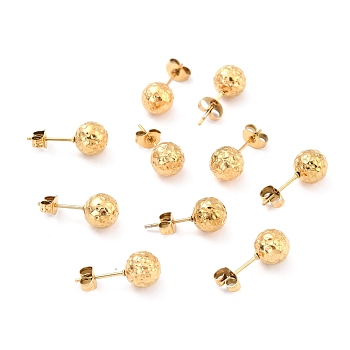 Ion Plating(IP) 304 Stainless Steel Stud Earring Findings, with Ear Nuts, Textured Round, Real 18K Gold Plated, 19x8mm, Pin: 0.7mm