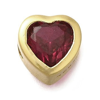 925 Sterling Silver Cubic Zirconia Beads, Heart, with 925 Stamp, Golden, Deep Pink, 6.5x6.5x4.5mm, Hole: 1.5mm