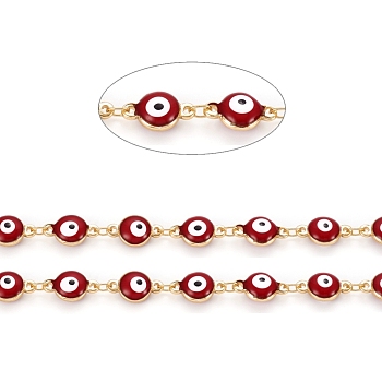 Handmade Brass Link Chains, with Enamel and Spool, Soldered, Long-Lasting Plated, Real 18K Gold Plated Flat Round with Evil Eye, Dark Red, 11x6.5x4mm, about 32.8 Feet(10m)/roll