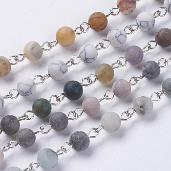 Natural/Synthetic Gemstone Beaded Chains, Unwelded, with Iron Eye Pin, Round, Platinum, 39.3 inch(1m), Beads: 12x12x8mm