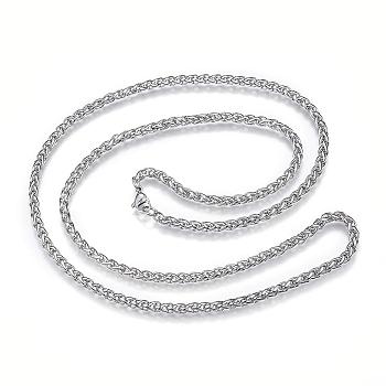304 Stainless Steel Wheat Chain Necklaces, with Lobster Claw Clasps, Stainless Steel Color, 27.6 inch(70cm), 4mm