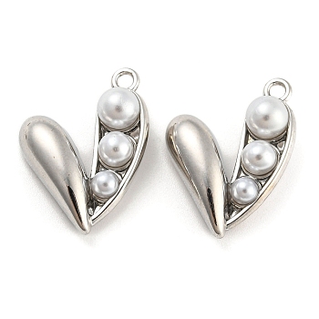 Alloy with ABS Plastic Imitation Pearl Pendants, Heart Charm, Platinum, 22x17x7.5mm, Hole: 1.8mm