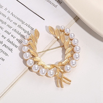 Baroque Style Brooch for Women, Alloy Brooches, with Plastic Imitation Pearl, Wreath, 50mm