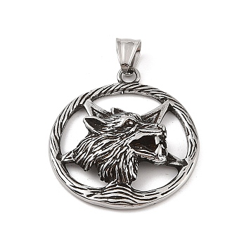 Viking 304 Stainless Steel Pendants, Star with Wolf Head Charm, Antique Silver, 42x37.5x8mm, Hole: 4x7mm