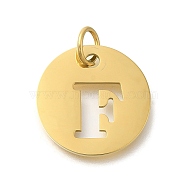 Ion Plating(IP) 304 Stainless Steel Pendants, with Jump Ring, Laser Cut, Flat Round with Letter Charm, Real 18K Gold Plated, Letter F, 20x1mm, Hole: 4.5mm(STAS-M074-01G-F)