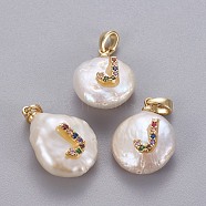 Natural Cultured Freshwater Pearl Pendants, with Brass Micro Pave Cubic Zirconia Findings, Nuggets with Letter, Long-Lasting Plated, Golden, Colorful, Letter.J, 17~27x12~16x6~12mm, Hole: 4x2.5mm(KK-L187-B-01J)