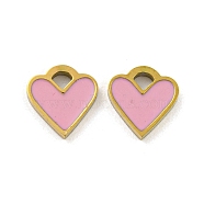 316 Surgical Stainless Steel Enamel Charms, Heart Charm, Golden, Pink, 8x8x1.5mm, Hole: 1.6mm(STAS-M073-37A-02G)