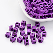 Mixed Letters Opaque Acrylic Cube Beads, Horizontal Hole, Medium Orchid, 6x6x6mm, Hole: 3mm(X-SACR-S177-04)