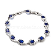 Platinum Alloy Teardrop Link Chain Bracelets, with Rhinestone, Capri Blue, 8-1/4 inch(21cm), Link: 8.5mm(BJEW-A005-01A)