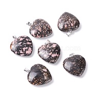 Natural Rhodonite Pendants, with Platinum Tone Brass Findings, Heart, 27~28x24.5~26x6~8.5mm, Hole: 2.4x5.6mm(G-G956-B34-FF)