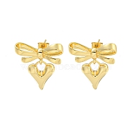 Bowknot & Heart Brass Stud Dangle Earrings for Women, Real 18K Gold Plated, 25x21.5mm(EJEW-G387-01G)