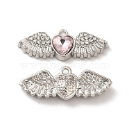 Rack Plating Alloy Rhinestone Charms, with Glass, Nickel Free, Heart with Wings, Platinum, Pink, 10.5x27.5x5mm, Hole: 1.6mm(PALLOY-O106-03P-01)