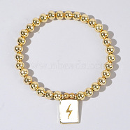 Personality Brass Round Bead Beaded Stretch Bracelets, with Rectangle Brass Enamel Charms for Women, Lightning Bolt, 6-7/8 inch(17.5cm)(ST0339-5)