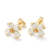 Brass Enamel Stud Earrings, with Ear Nuts, Flower, Real 18K Gold Plated, White, 11x12mm, Pin: 0.8mm(EJEW-H125-14A-G)