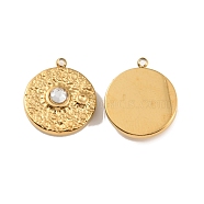 Ion Plating(IP) 304 Stainless Steel Pendants, with Rhinestone, Flat Round with Sun, Real 18K Gold Plated, 14x12x3mm, Hole: 1mm(STAS-D051-14G)