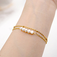 Golden Double Layer Stainless Steel Bracelets, Natural Freshwater Pearls Beads Jewelry for Women, Golden, (GK1542-1)