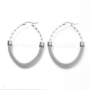 304 Stainless Steel Mesh Hoop Earrings, Textured, Oval, Stainless Steel Color, 56x42x6mm, Pin: 0.8mm(EJEW-C501-15P-B)