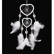 Feather Pendant Decoration with Natural Shell Beaded, Woven Net/Web with Feather, Art Hanging Decors for Garden Window Party, White, 350~400mm(PW-WG74381-01)