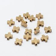 Brass Beads, Nickel Free, Cross, Raw(Unplated), 8x8x3mm, Hole: 1.5mm(KK-P095-11)