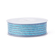 Polyester Ribbon, Striped Pattern, Deep Sky Blue, 3/8 inch(9mm), about 100yards/roll(91.44m/roll)(SRIB-L049-9mm-C005)
