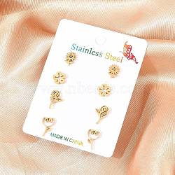 4 Pairs Valentine's Day 304 Stainless Steel Stud Earrings, Flower, Golden, 7.5~11.5x6.5~7.5mm(EJEW-G469-01G-01)