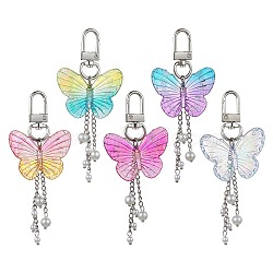 Acrylic Butterfly Pendant Decorations, with Glass Imitation Pearl Beads and Alloy Swivel Clasps, Mixed Color, 95mm(HJEW-JM01779)