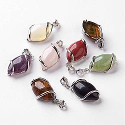 Natural Mixed Stone Pendants, with Brass Rhinestone Findings,  Horse Eye, 36x17.5x7~9mm, Hole: 2.5x4mm(G-G073-M)