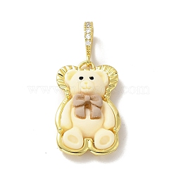 Opaque Resin Pendants, Large Hole Pendant, with Real 18K Gold Plated Brass Findings & Clear Cubic Zirconia, Cadmium Free & Lead Free, Bear with Perul Bowknot, Light Yellow, 28x17.5x8mm, Hole: 4.5x7mm(KK-G406-12G-01)