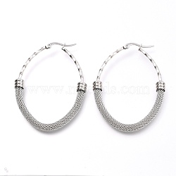 Non-Tarnish 304 Stainless Steel Mesh Hoop Earrings, Textured, Oval, Stainless Steel Color, 56x42x6mm, Pin: 0.8mm(EJEW-C501-15P-B)