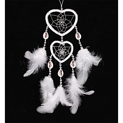 Feather Pendant Decoration with Natural Shell Beaded, Woven Net/Web with Feather, Art Hanging Decors for Garden Window Party, White, 350~400mm(PW-WG74381-01)