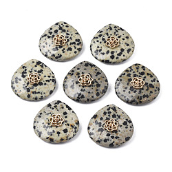Natural Dalmatian Jasper Pendant Rhinestone Settings, with Light Gold Plated Flower Brass Findings, Faceted, Teardrop, Fit for 1.4mm Rhinestone, 28x28x9~20mm, Hole: 1.2~1.5mm(G-N326-133-04)