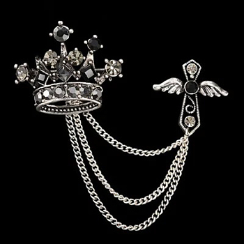 Crown & Cross with Chain Tassel Dangle Brooch Pin, Alloy Rhinestone Badge for Jackets Hats Bags, Gunmetal, 122mm