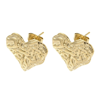 304 Stainless Steel Stud Earrings, Textured Heart, Golden, 16.5x18mm