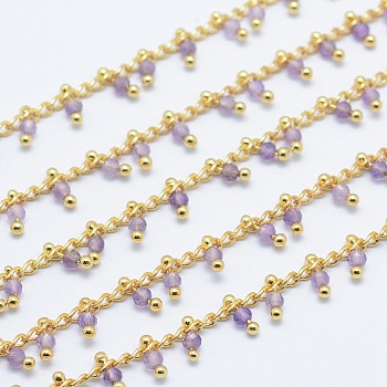 Natural Amethyst Handmade Beaded Chains, Soldered, Lead Free & Cadmium Free, with Brass Findings, Real 18K Gold Plated, Long-Lasting Plated, Faceted Round, 6~7x2~3mm
