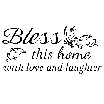 PVC Quotes Wall Sticker, for Stairway Home Decoration, Word Bless This Home with Love and Laughter, Black, 50x23cm